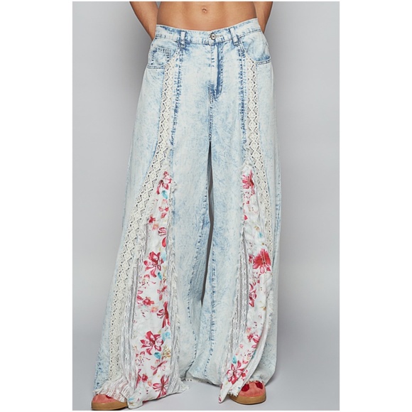 POL Denim - POL Light Wash Stretchy Waist Floral Print lace Denim Wide Leg Jeans Pants